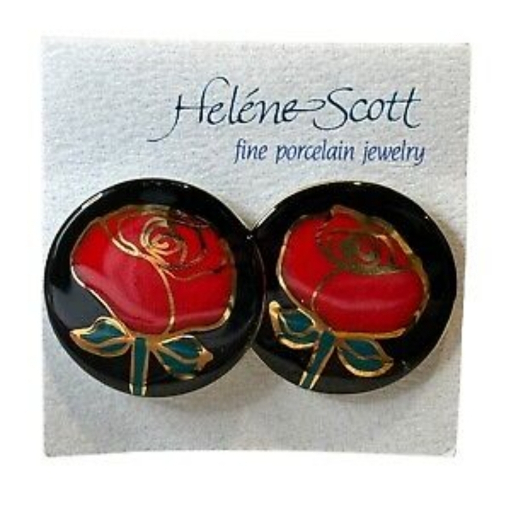 Helene Scott Fine Porcelain Red Rose Black Circle Shaped Pierced Earrings NWT